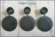 Pair Dark Glamour Black Patterned Circle Shaped Dangle Tunnels Plugs 6-30mm