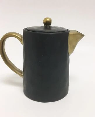 NEW TIERRA BLACK+METALLIC GOLD TRIM QUALITY STONEWARE COFFEE,TEA POT,TEAPOT 7 C