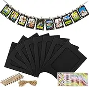 LEFIMOT 50 Pack Paper Picture Frames 4x6in, DIY Cardboard Photo Frames Hanging Display with 50 Clips and 5 Strings, Paper Photo Frame Art Display Frame with 12 Stickers for Wall Decor (Black)