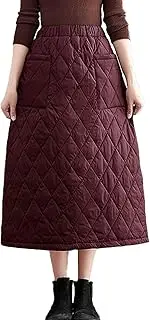 [Generic] Women's Elastic Waist Quilted Skirt, Winter Warm Padded Quilted Midi Long Puffer Insulated Skirt with Pocket