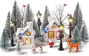 Namalu 34 Pieces Christmas Village Houses Set, Mini Christmas Trees Accessories Set Santa Snowman Street Lamps for Xmas Village Miniature Town Home Table Top Decoration(Cute Style)