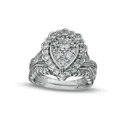 1.38 CT. T.W. Composite Pear-Shaped Natural Diamond Frame Scallop Edge Bridal Engagement Ring Set in Solid 10K White Gold