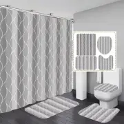 4Pcs Grey Shower Curtain Set with Rugs Stripe Bathroom Sets Geometric Wave Li...