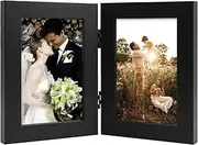 Haobase Double Photo Frame 4x6 Hinged Folding Picture Frames Wood Picture Frame for Tabletop Display Black