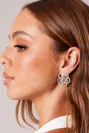 Silver Rose Diamonte Earrings - Size ONE, Women's Ring