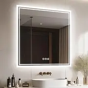[LUVODI] LED Bathroom Mirror 800 x 800mm: Illuminated Backlit Lighted Wall Mounted Vanity Mirror with Demister + Touch Button Dimmable Square Makeup Mirror for Makeup and Shaving