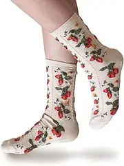 [intype socks] Women's Textured Floral Strawberry Pattern Cotton Socks 4 Colors Pack of 4Pairs, Brown Beige White Black, One Size