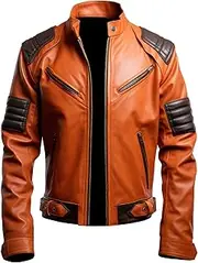[Sumairah] Mens Motorcycle Coat Biker Leather Jacket Side Pockets Zipper Stand Collar Genuine Leather Jackets