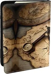 [EdWal] Compass and Old World Map Print Passport Cover with Credit Card Holder Leather Passport Case, for Women Men Family ID Travel, Black, One Size