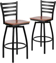 2 Pack HERCULES Series Black Ladder Back Swivel Metal Barstool - Cherry Wood Sea