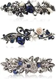Kicosy Barrettes for Women 3 Pack Vintage Shining Rhinestone Hair Barrettes Metal Flower Butterfly French Clip Faux Crystal Hair clip Spring Hair Barrette,Black and Navy (Pattern-B(3PCS))