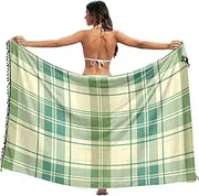 [XYMZR] Green Plaid Fabric Women's Sarong Swimsuit Coverups Chiffon Bikini Wraps Skirt with Tassels L