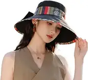 [NICEYST] Womens Vintage Bow Floral Sun Hat Wide Brim Foldable Floppy UV Protection Summer Beach Bucket Hat Black, Black, One Size