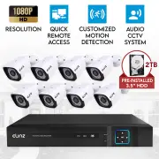 Elinz 8CH AHD 1080P HD Video & Audio Recording CCTV Surveillance DVR 8x Outdoor Bullet Security Camera System 2TB HDD