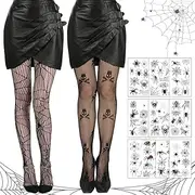 LGZIN Fishnet Tights Black Halloween, 2 Pairs High Waist Mesh Tights Stockings with 10 Spider Tattoos, Tights Spider Web Halloween, Fishnet Tights for Halloween Carnival
