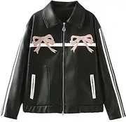 [DSAoTeng] Women Faux Leather Bow Zip Up Bomber Motorcycle Jacket-Casual Stylish Vintage Y2k Oversize Biker Leather Coat Fall Outfits
