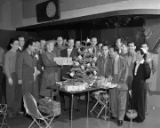Blondie cast Christmas party Penny Singleton as Blondieand Arthu 1940s Old Photo
