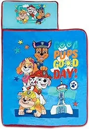NoJo Paw Patrol Good Pups Good Day Toddler Nap Mat - Includes Attached Pillow and Fleece Blanket, Aqua, and Blue