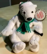 Vintage 1999 Coca Cola Polar Bear w Striped Holiday Hat Scarf Plush Hand 5” Rare