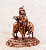 Copper Handmade Krishna with Cow Idol Figurine Statue Antique Finish