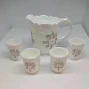 NOS 2000 Fenton Mini 5 pc. Water Pitcher Set Iridized Milk Glass Hand Painted