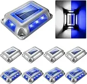 Solar Powered Driveway Lights, Set of 8, Blue & White 2 Colours in 1,Outdoor LED Aluminum Dock Lights Road Markers Step Lights for Sidewalk Garden Pathway