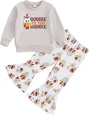 [Eadrioss] Thanksgiving Baby Girl Outfit- Turkey Print Sweatshirt Bell Bottom Pant Set for Toddler Girl Thanksgiving Clothes
