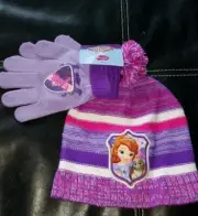 Sofia the First Hat Gloves Set Girls Purple Pink White Pom Pom Disney