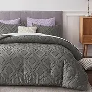 FROHAUL Boho King Comforter Set,Grey Rhombus Tufted King Size Comforter Set with Corner Loops,3 Pieces Embroidery Shabby Chic Bedding Comforter Sets for All Seasons(Grey,King)