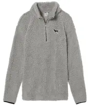 NWT VICTORIA'S SECRET PINK SHERPA BOYFRIEND SHARK GRAY QUARTER ZIP PULLOVER MED