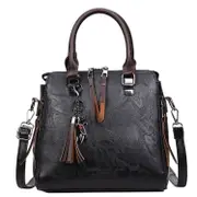 Casual PU Shoulder Bag Ladies Handbag Messenger Bag with Tassel and Cat Pendant (Black)
