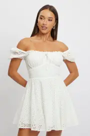 White Fit And Flare Dress Mini Eyelet Fabric - Size 16XL, Women's Skater Dress