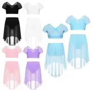 YiZYiF Girls Lyrical Ballet Dance Dress Crop Top with Mesh Skirt Set Dancewear