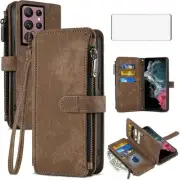 Phone Case for Samsung Galaxy S22 Ultra 5G Wallet Cover with Tempered Glass