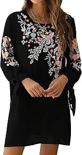 [Grosy] Embroidered Boho Swing Shift Dress for Women, Flowy Long Sleeve Mexican Floral Mini Short Dresses Bohemian Loose Fit