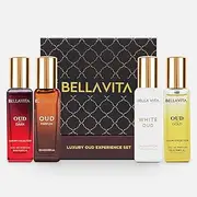 BellaVita Luxury OUD Gift Set (4x20 ml) | Mens Arabian Parfum Gold, Dark, White & OUD | Travel Size Perfume for Men Gifts for Mens Cologne | Embrace Mans Cologne | Perfumes for Women and Men