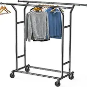 SimpleHouseware Heavy Duty Double Rail Clothes Rack, 108 to 172 cm Extensible Rod, Black