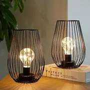 TRIROCKS Metal Cordless Table Lamp 20cm Tall Set of 2 Cage Shape Battery Operated Lanterns with Fairy Lights Bulb for Indoor/Outdoor Use Perfect for Christmas Garden Weddings Events (Black)
