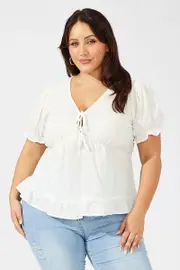 White Smock Top Short Sleeve Tie Front