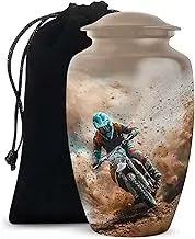 Motorcycle Racing Blaze Orange Urn for Human Ashes for Male & Female - Cremation Urn for Women & Men - Burial & Funeral Decorative Tribute for Loved Ones - 10 Inch