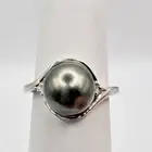 Tahitian Cultured Pearl & White Zircon Accent Ring Size 10 Sterling Silver Ring
