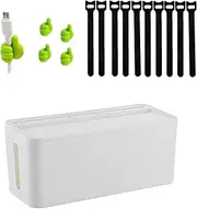 White Cable Management Box Bundle Complete Set with 10 Cable Ties 5 Thumb Cable Clips - Ideal for Homes, Offices, and Entertainment Setups