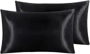 MOTRAIN Silk Pillow Cover Case, Queen Size, 51x76cm, Soft Breathable Smooth Both Sided Silk Pillowcase, 1 Pair, Black