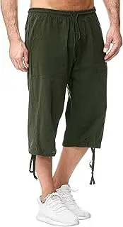 [JEShifangjiusu] Men's Causual 3/4 Long Cotton Shorts Drawstring Elastic Waist Cargo Straight Shorts Wide Leg Baggy Pants, Army Green B1, M