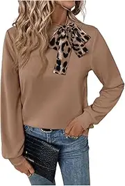 [DSAoTeng] Women Leopard Print Bow Tie Front Mock Neck Tops-Casual Elegant Long Sleeve Loose Fit Pullover Sweatshirts for Office Daily Wear