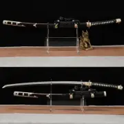 Japanese Tachi T10 Clay Tempered Abrasive Full Tang Ebony Saya Brass Tsuba Sword