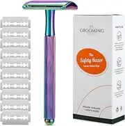 The Grooming Society Safety Razor, Slim Handle, 10 DE Double Edge Blade Refill, Unisex Metal Razor, Zero Waste Sustainable Eco Razor, Close Smooth Shave - Multicolour
