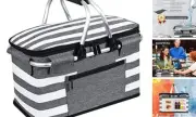 Insulated Picnic Basket,Leak-Proof Collapsible Cooler 26L-LeakProof Gray Stripe