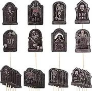 SULOLI 40 Pcs Halloween Cupcake Toppers, Tombstone Graveyard Cake Toppers Scary Cupcake Decoration Table Centerpiece Sticks Appetizer Picks for Halloween Party Supplies