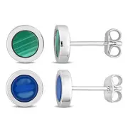 Amour Men's Sterling Silver Round Blue Agate & Malachite Stud Earrings 2PC Set